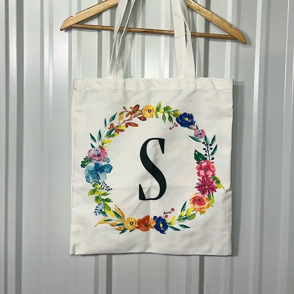 Reusable Monogram Letter S Canvas Shopping Tote Bag Women Floral Design Travel